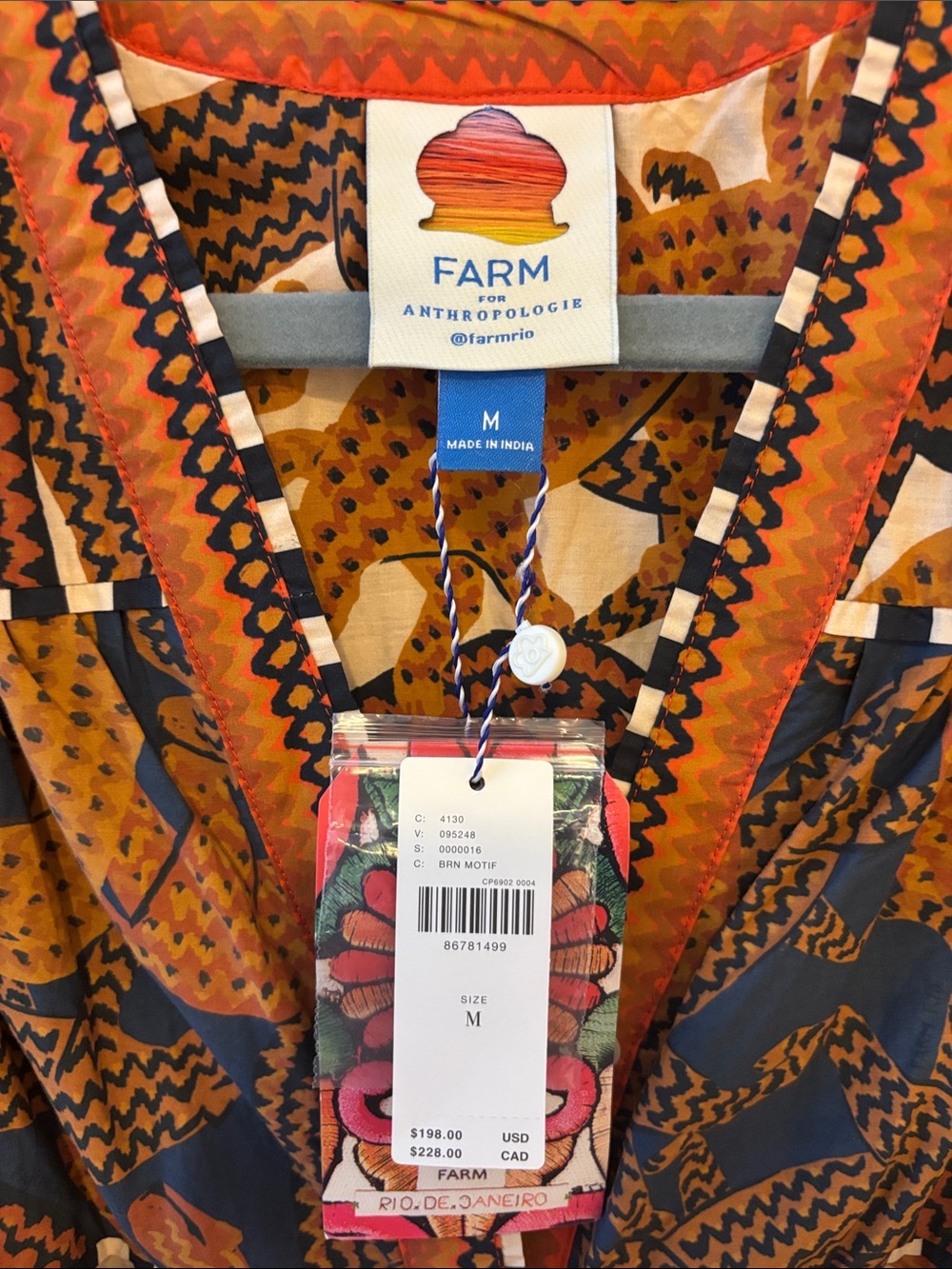 FARM Rio Patchwork Tie-Waist Long Sleeve Mini Dress in Rust, Navy & Cream - NWT - Picture 2 of 3
